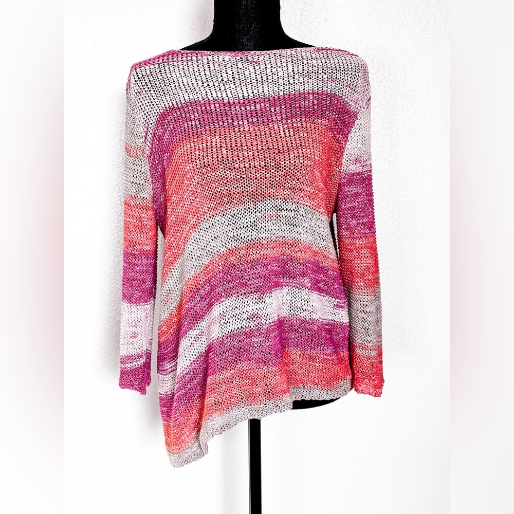 Chico’s Open Knit Stripe Asymmetrical Hem 3/4 Sleeve Sweater Pink Orange Size 1